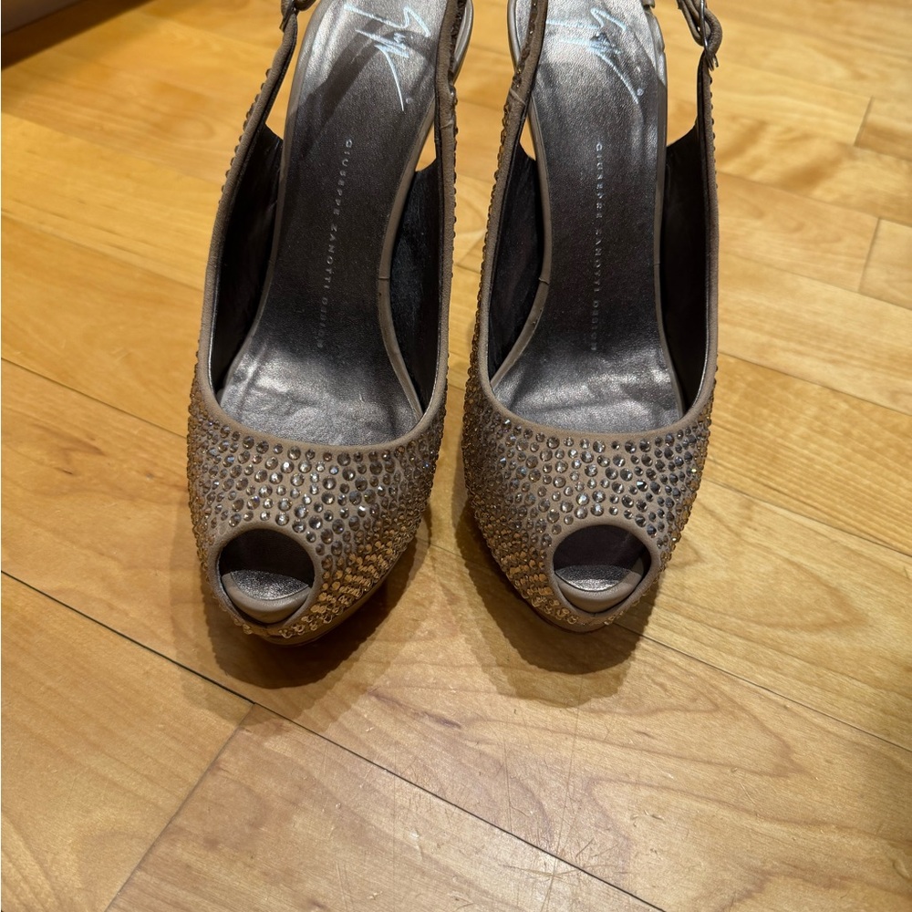 Giuseppe Zanotti Taupe Crystal Peep-Toe Slingbacks